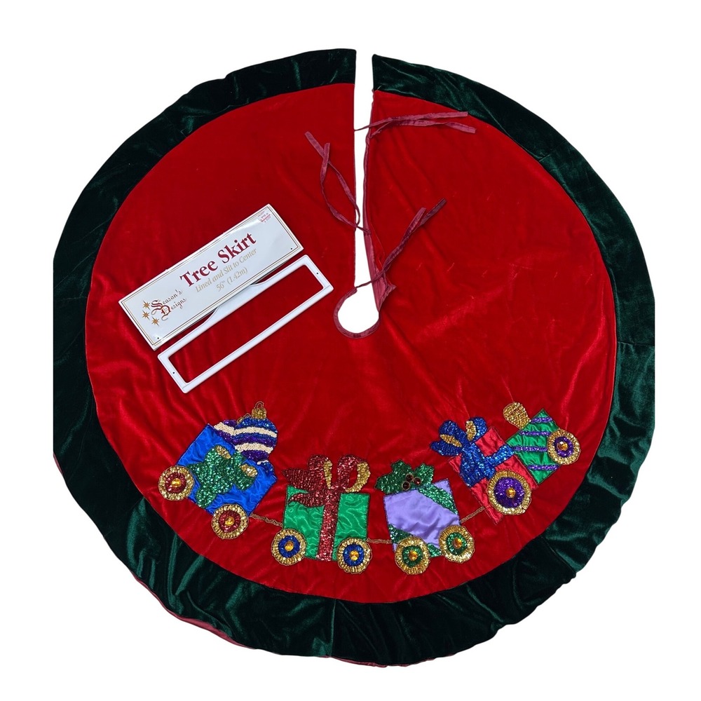 VTG Season's Designs Tree Skirt Red Green Velvet Train Sequin Embroidered 56"